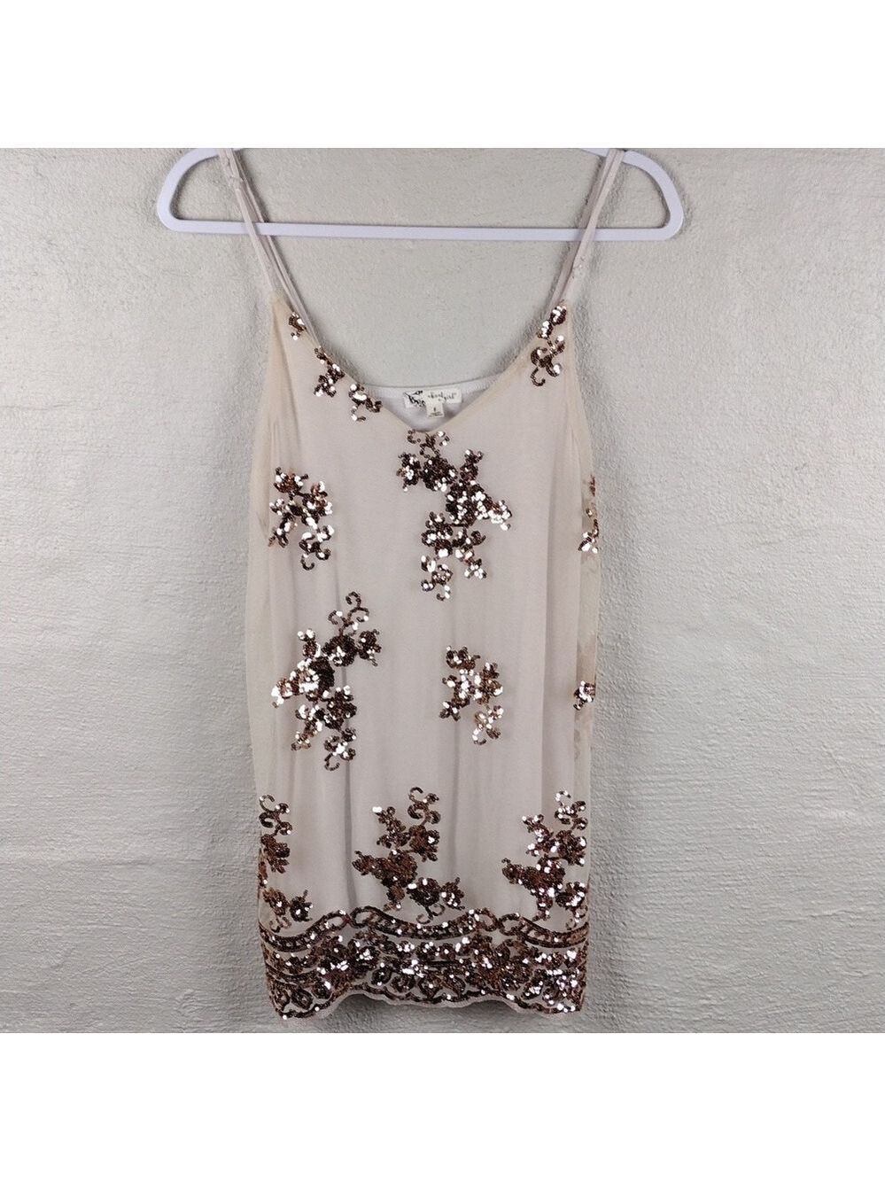 About A Girl Cream Tan Tulle Metallic Sequin Overlay Spaghetti Strap Tank Top - Picture 16 of 16